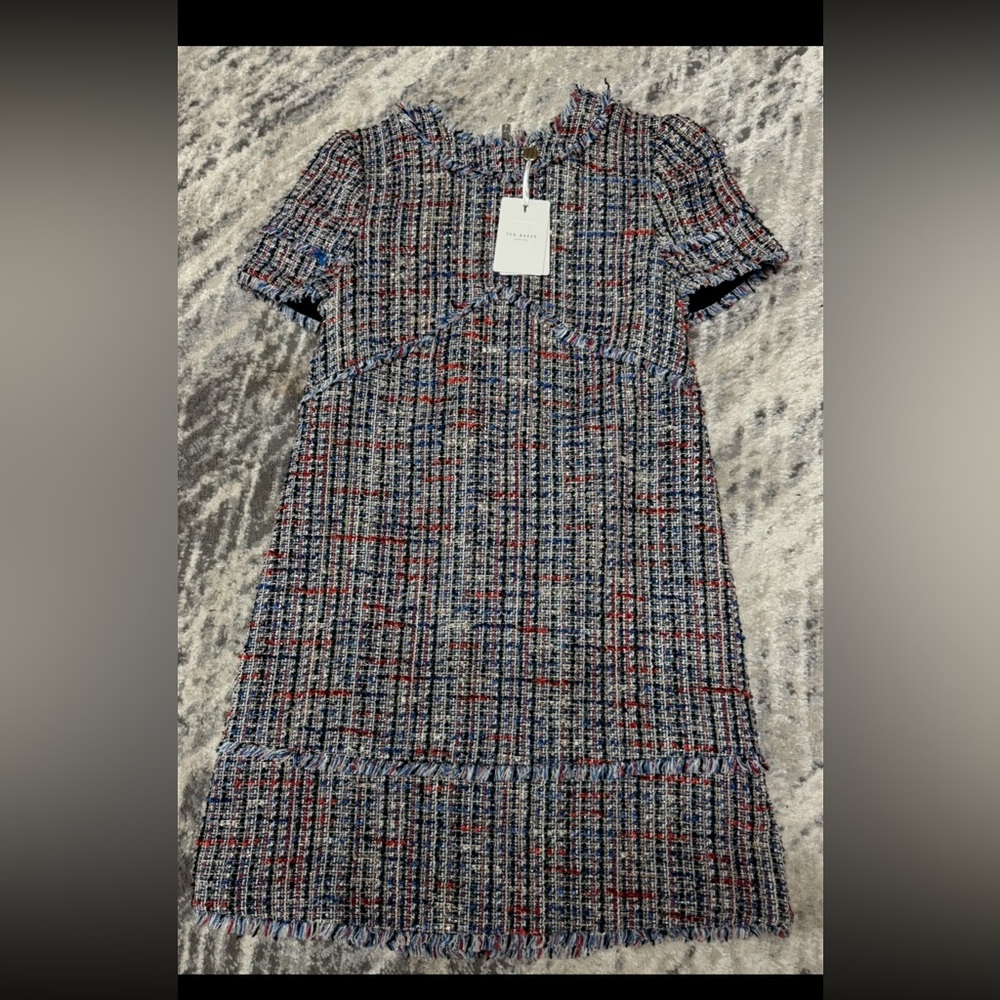 Women’s ted baker London occasion dress woven blue with red. Size 0